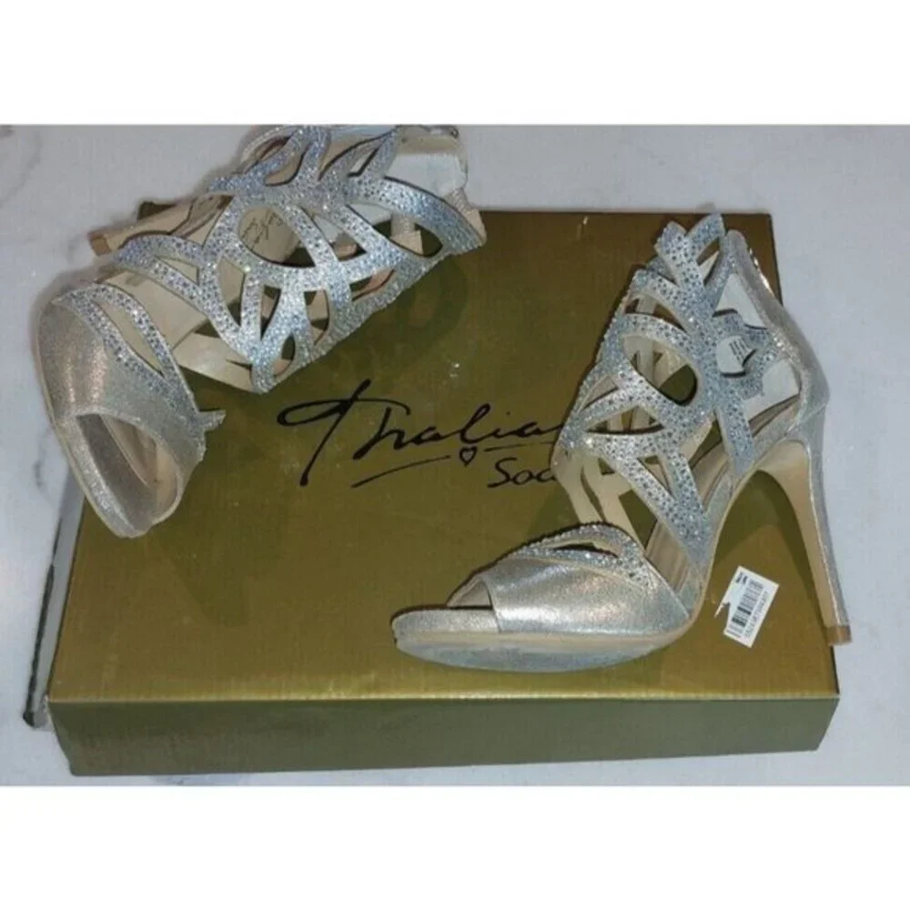 Thalia Sodi Serenagld Champagne Sparkle Evening Dress Strappy Heels Shoes Size 6
